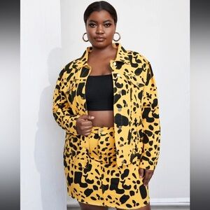 Plus Yellow Cow Print Denim Jacket & Raw Cut Denim Skirt
